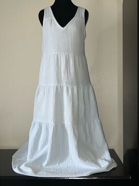 Blue 100% Organic Gauze Cotton Resort Cruise VNeck Tiered Maxi Dress sz Small